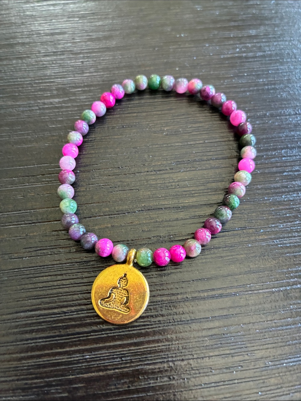 Beaded Pink & Green Gemstone Buddha Charm Bracelet